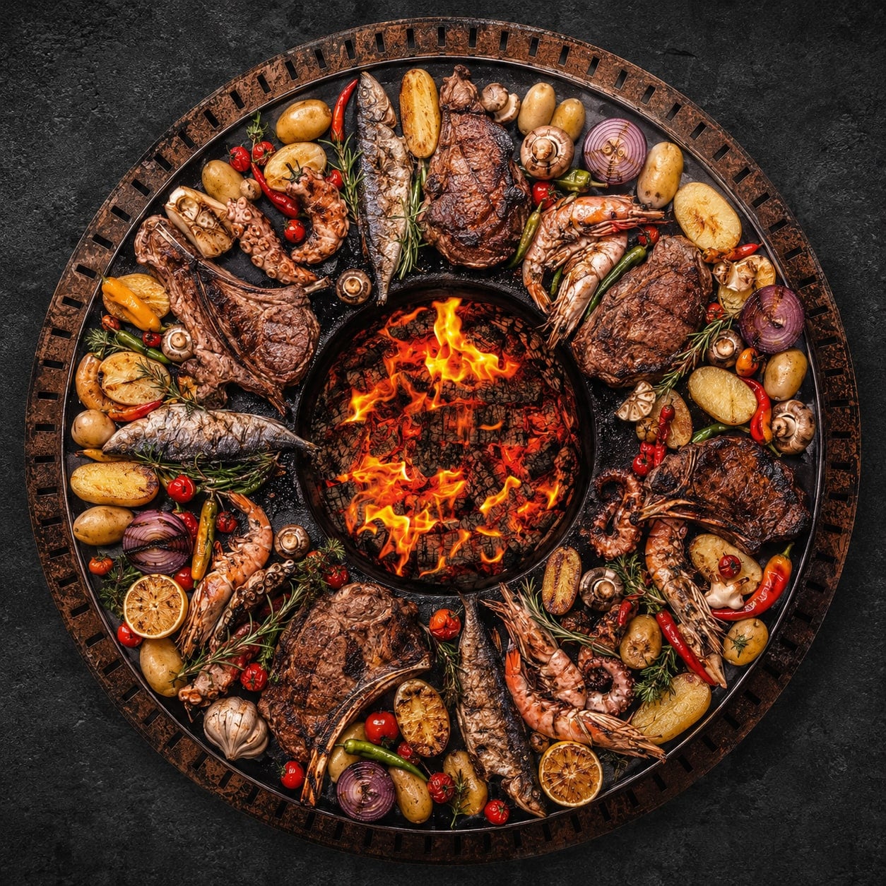 Großer Rundgrill über offenem Feuer, ringsum Fleisch, Fisch und Gemüse