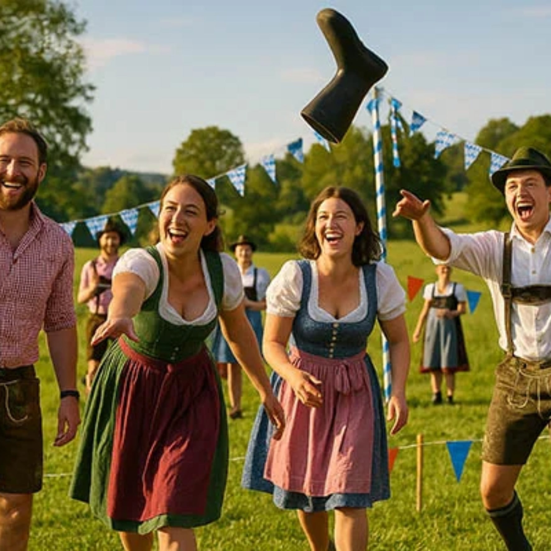 Ausgelassene Gruppe in Tracht beim Gummistiefelweitwurf auf der Wiese