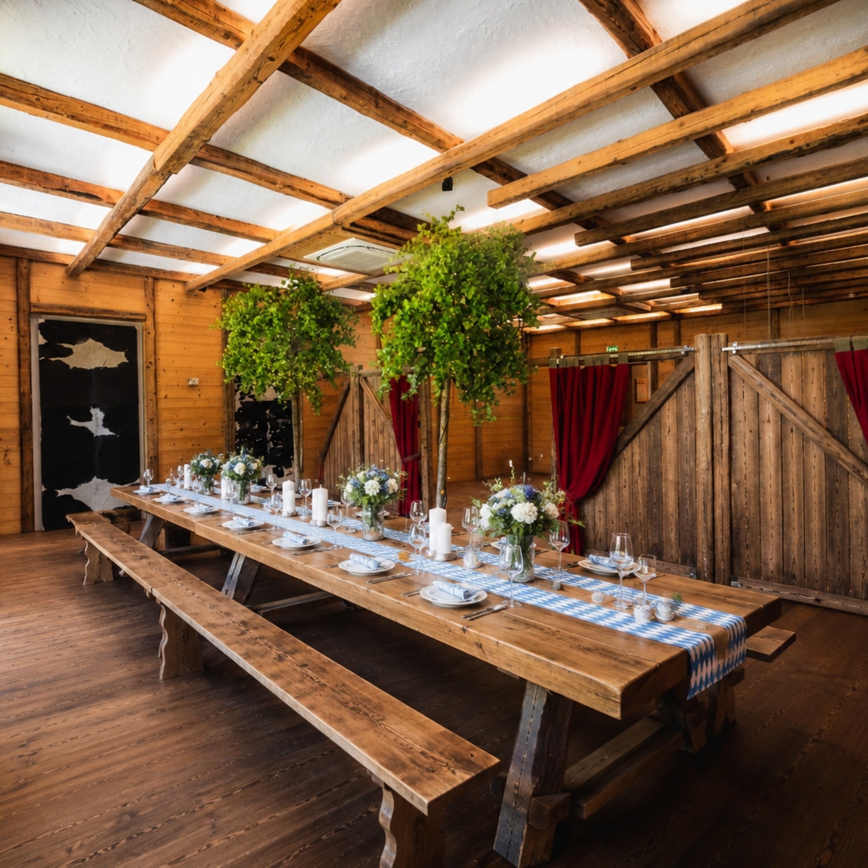 Lange Holztafel im Indoor-Biergarten, festlich eingedeckt unter dem Dachstuhl